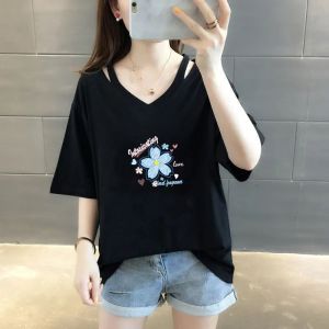 Loose V-Neck plus Size Womens T-Shirt Belly Covering Fashionable Printed Commute Style Short Sleeve Summer Top