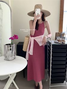 Elegant French Gentle Style Long Sleeveless Neck Hanging Strap Dress Womens Commute Slimming Gown Spring Autumn Season