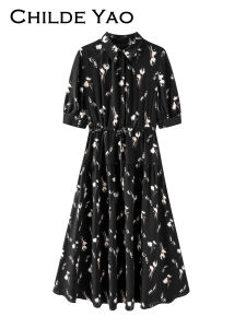 Childe Yao Womens Black Print Dress Elegant Waist-Cinching Summer New Style High Waist Slimming Skirt Polyester Fabric A-Line Dress