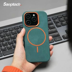 Sanptoch Luxury Matte Leather Phone Case For iPhone 16 / 15 / 14 / 13 Pro Max Skin-friendly Compatible with Magsafe Cover For iPhone 16 Pro Max Military Shockproof Protection Casing