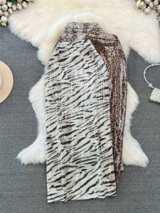 Business Women High Waist Leopard Print PU Leather Mini Skirt Korean Style Commute Fashion Summer Elegant Slimming Midi Skirt for Women