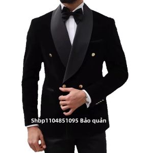 Áo Blazer Nam Màu Đen Vải Nhung Dáng Slim Fit Hai Hàng Nút Cổ Vạt Áo Kiểu Shaw Áo Vest Dự Tiệc Sang Trọng Áo Khoác Phong Cách Smoking Dành Cho Tiệc Cưới/Trang Phục Công Sở Thông Thường