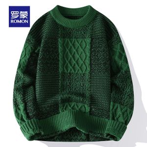 ROMON | Romon Mens Knitted Sweater Round Neck Big Red Color 2024 Dragon Year Base Layer Fashionable Winter Casual Loose Fit Style