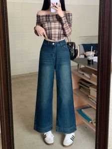 American Retro High Waist Wide Leg Jeans Womens Spring Autumn Loose Slimming Jeans Long Pants Deep Color Zipper Style