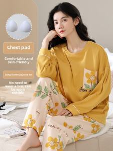 Womens Pure Cotton Sleepwear with Chest Pad Long Sleeve Loose Home Clothes Autumn Season Cartoon Print Comfortable Nightgown