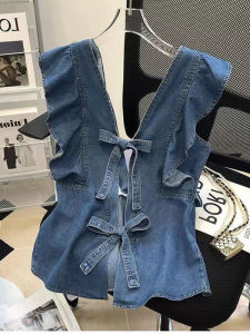 Summer New Design French Style V-neck Lace Trim No-sleeve Buttoned Backless Top Loose Fit Regular Fabric Thin Model Shirt