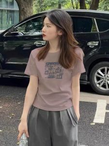 Summer Womens Cotton T-Shirt in Short Sleeve and Crewneck Style with Shoulder Enhancing Purple Color by Renowned International Brand