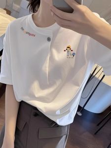 เสื้อยืดคอกลมแขนสั้นผ้าฝ้ายแท้ทรงหลวมสำหรับผู้หญิง ฤดูร้อน 2025 เสื้อผ้าทำงานสไตล์เกาหลีแบบลำลอง ระบายอากาศได้ดี ระบายความชื้นได้ดี