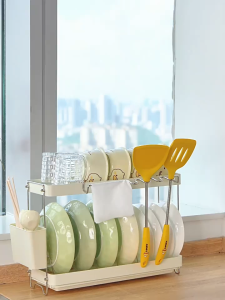 Single Double Layer Tabletop Stainless Steel Dish Drying Rack Dish Drainer Over Sink with Cutlery Holder Towel Rack