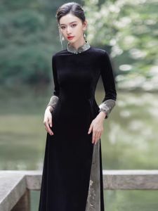 LOGULEYA Velvet Cheongsam Long Sleeve Slimming Mommy Dress Chinese Style Elegant Gold Velvet Womens Fashion Retro Design