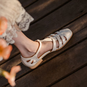 French style Retro Roman Closed Toe Sandals Women Summer Flat Hollow-out Woven Genuine Leather Mary Jane Womens Shoes