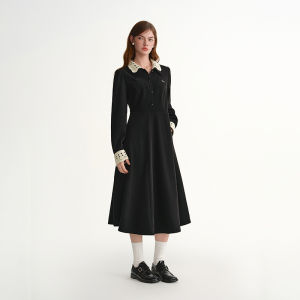 DUSHU | Light Sweet Removable Lace Hem Two-color Collar Pique Design Large-size Womens Dress