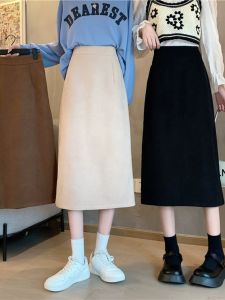 กระโปรงทรงเอเอวสูงทรงเอยาวคลุมเข่าผ้าขนสัตว์สีดำไซส์ใหญ่สำหรับผู้หญิงฤดูใบไม้ร่วง/ฤดูหนาว กระโปรงทรงตรงเข้าหัวเข็มขัดลายดอกไม้