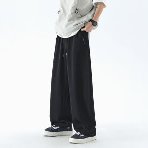 HuiTouLv กางเกงผ้าไหมน้ําแข็งผู้ชายฤดูร้อนสไตล์บางหลวมพอดีขากว้างตรงกางเกงกีฬาลําลองแฟชั่นอินเทรนด์