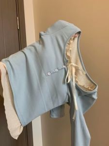 Áo Thun Dài Tay Nữ Mùa Thu Đông Có Đệm Ngực Ngắn Kiểu Dáng Hai Mảnh Kiểu Pháp Có Viền Gỗ Thời Trang