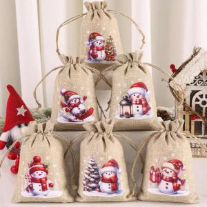 6PC Giáng Sinh Vải Lanh Túi Dây Rút Để Đóng Gói Quà Tặng Vải Bố Túi Đựng Kẹo Bánh Quy Trang Trí Nhà Xmas Navidad Noel Dịp