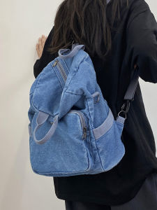 Washed Denim Backpack Multipurpose Canvas Bag Vintage Style Harajuku Retro Multifunctional Backpack Crossbody Shoulder Bag