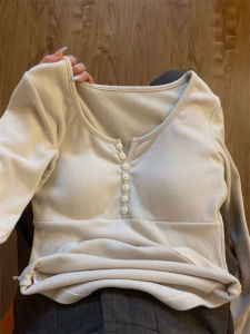 หนาขึ้น เสื้อกันความร้อนแขนยาว ผู้หญิง ชุดชั้นใน ฤดูใบไม้ร่วง ฤดูหนาว อุ่น ปุ่ม สลิมฟิต เสื้อยืด เสื้อท่อนบน มีแผ่นรองหน้าอก Dervo