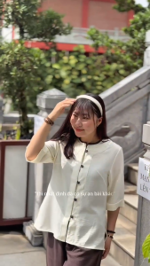 Bộ đồ lam đi chùa nữ đẹp quần áo đi chùa phối nút Thiên Di pháp phục lễ phật chất vải đũi vân D41