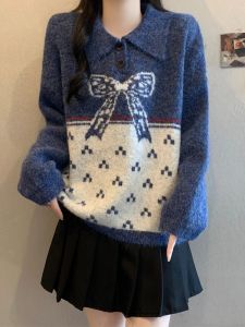 SHIMANQING | Ribbon Jacquard Turn-Down Collar Large Size Winter Knit Top