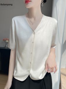 BALANYANG | Short Sleeve Loose V-Neck Silk-blend Top