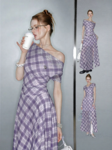 Unifree | Purple Plaid Sheer One-shoulder Slimming Dress