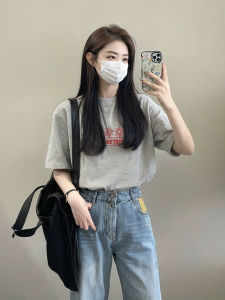 Gray Pure Cotton Short Sleeve T-Shirt Womens New 2025 Summer High Street Style Unique Matching American Streetwear Top