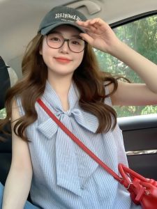 AIYITI | Unique Bow Tie Stripe V-neck Sleeveless Shirt Blouse
