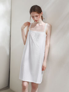 XEXZ | ชุดนอนแขนกุดคอวีลูกไม้ไหมผสมคอตตอนสำหรับใส่ในบ้านและกลางแจ้ง ชุดเดรสยาวปานกลาง แขนกุด ปกติ ไม่มีกระดุม