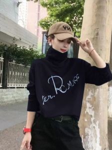 High Collar Loose Fit Long Sleeve Pure Cotton Base Layer Shirt for Women Winter Commute Korean Style Printed T-Shirt