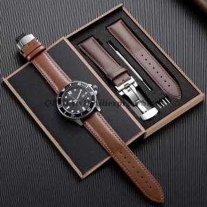 12/13/14/15/16/17/18/19/20/21/22/23/24mm Silver Butterfly Buckle Leather Quick Release Watchband Straps Sport Bracelets Wood Box