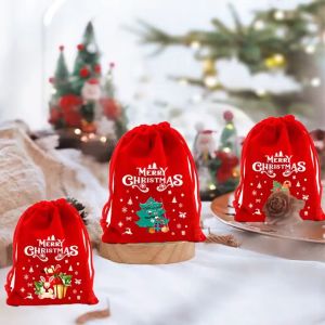 【From Manila】10Pcs Merry Christmas Velvet Bags Christmas Candy Snacks Gifts Bag Santa Snowman Printed Drawstring Pouch Reusable Jewelry Storage Bags for New Year Wedding Xmas Party Decoration