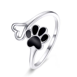WOSTU 925 Sterling Silver Paw Dog Footprint Heart Rings Black Enamel Adjustable Ring Finger For Women Fashion 925 Jewelry CQR584