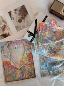 ชุดนอนผ้าไหมไหม 100% กล่องของขวัญสุดหรู ชุดนอนผู้หญิง ชุดอยู่บ้านฤดูใบไม้ผลิและฤดูร้อน ชุดนอนผ้าฝ้ายผสมโพลีเอสเตอร์ ชุดนอนผู้หญิง