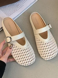 Women Korean Woven Hollow Mules Adjustable Buckle Flat Slip On Sandals Casual Summer
