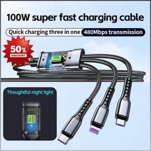 100w Super Fast Charger 100w Chip Anti-tangle Data Cable Three in One High Sensitivity Corrosion Resistance 100w三合一快充数据线