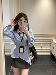 GUZILIAN | Elegant Blue Striped Shirt Womens Early Spring Side Knot Waist Cinching Cross Design Korean Style Unique Fashionable Blouse