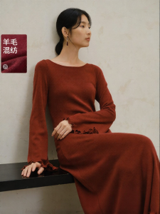 Yigue | Wool Blend Red Belted Dress New Autumn/Spring Fashion