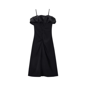 Design Early Autumn Cloudy Puff Sleeve Dress Black Acetate