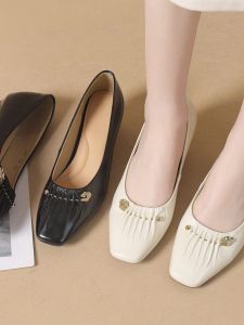 Top Layer Cowhide Womens Shoes Spring Autumn Season Genuine Leather Lady Style Thick Heel Folded Edge Large Size 40-43