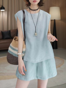 Shalldoer | Minimalist Loose Sleeveless Round Neck Two-Piece Set Womens Summer Casual Comfortable Pure Color Shirt Shorts Ensemble