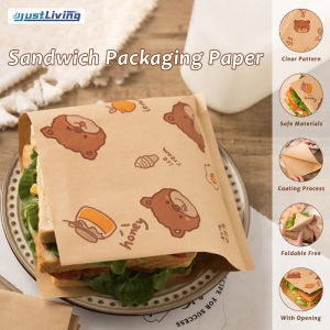 JustLiving 50pcs Bear And Newspaper Design Food Grade Baking Wrappers Oil Paper Packaging For Donuts Sandwich Burger Bread Food Greaseproof Baking Paper Disposable Square Toast Bread Sandwich Wrapping Bag