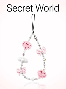 BasicSpark Pixel Heart Pink White Cloud PhoneLanyard Pearl Ornaments Phone Strap Phone Case Airpods Decoration Handbag Pendant