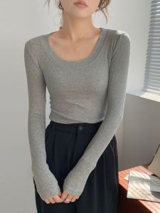 เสื้อเชิ้ตคอวีแขนยาวทรงสลิมฟิตสไตล์เกาหลีสำหรับผู้หญิง ทรงเข้ารูป แขนสั้น ทรงเข้ารูป ผ้าฝ้ายผสมโพลีเอสเตอร์ ฤดูใบไม้ผลิและฤดูใบไม้ร่วง