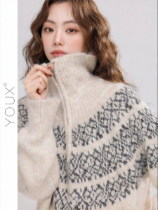 YOUXIANG | Áo Sweater Cổ Cao Mở Nửa Zip Phong Cách Retro Fair Isle Thùng Thình