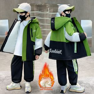 Boys Spring Autumn Sports Outfit Stylish Two-Piece Set Warm Fleece Lined Polyester Long Sleeve Top And Pants for Kids
