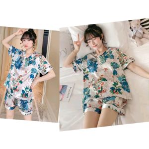 ●ECLAIRE● 0IS Setelan Celana Piyama HP Pakaian Tidur Satin Vneck Motif Blue Leaf Daun Bunga Flower import