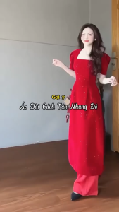 Set áo dài truyền thống hiện đại nữ set áo dài cách tân du xuân mặc Tết chất Nhung kim tuyến cổ vuông kèm quần dài Tuyết Nhung