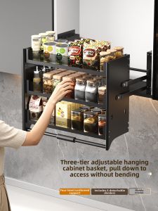 QIANJU | Pull Down Spice Storage Basket Three Layers Kitchen Organizer for High Cabinets Easy Access Condiment Rack with Four Level Cushioned Support and 6 Detachable Dividers