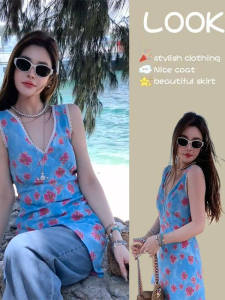 ชุดเดรสแขนกุดคอวีลายดอกไม้สีฟ้า ทรงเข้ารูป กระโปรงทรงเอ สำหรับผู้หญิง ชุดเดรสฤดูร้อน ชุดเดรสยาวปานกลาง ชุดเดรสแขนกุด